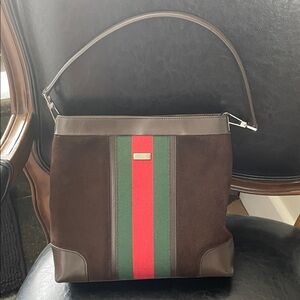 Brown Suede Shoulder Bag with Red and Green Stripe